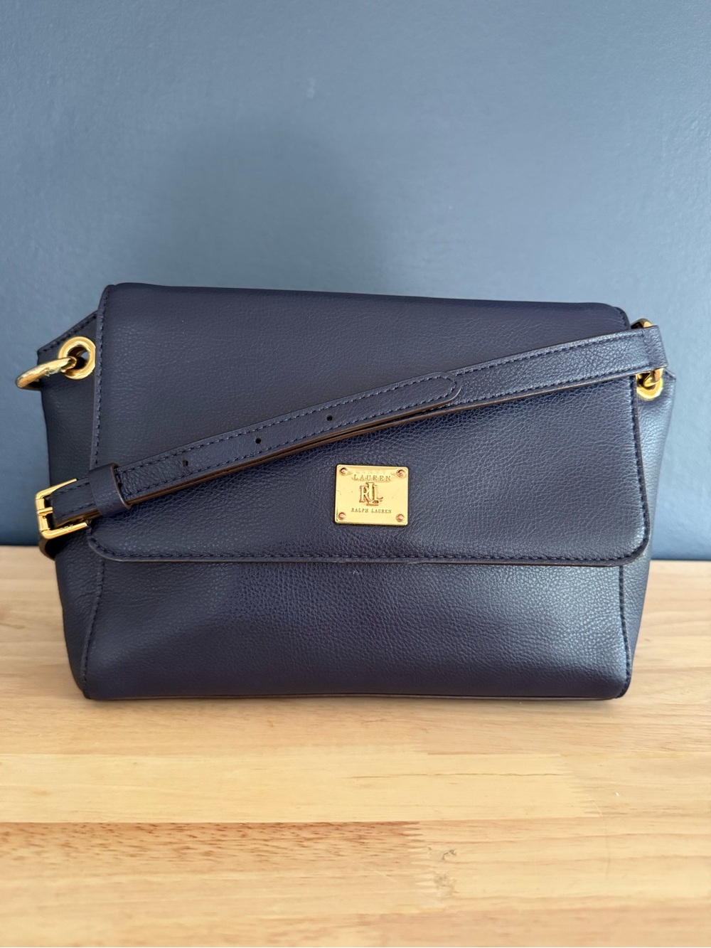 Lauren Ralph Lauren Navy Leather Crossbody with Gold Plaque